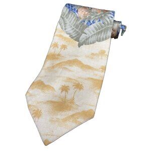 TOMMY BAHAMA Tie Men's 100% Silk 61" Yellow Blue Green Floral Trees Scenic GUC